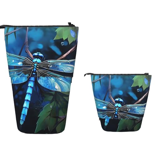 TOXOCMDKLE Federmäppchen mit großem Fassungsvermögen, Teleskop-Federmäppchen, Kunst-Blau, Libellen-Stifthalter, Pop-Up-Schreibwarenetui, einziehbare Stehstifte, Make-up-Kosmetiktasche für Bürobedarf von TOXOCMDKLE