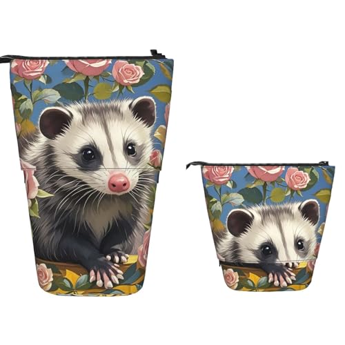 TOXOCMDKLE Federmäppchen mit großem Fassungsvermögen, Teleskop-Federmäppchen, Opossum und Rosen, Stifthalter, Pop-Up-Schreibwarenetui, einziehbare Stehstifte, Make-up-Kosmetiktasche für Bürobedarf von TOXOCMDKLE