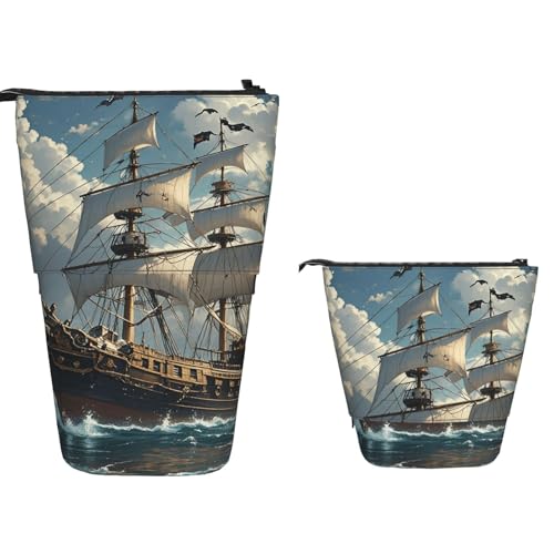 TOXOCMDKLE Federmäppchen mit großem Fassungsvermögen, Teleskop-Federtasche, Fantasie-Piratenschiff, Stifthalter, Pop-Up-Schreibwarenetui, einziehbare Stehstifte, Make-up-Kosmetiktasche für Bürobedarf von TOXOCMDKLE