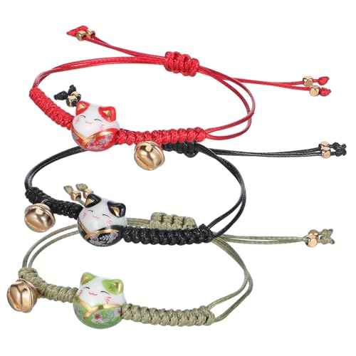 TOYANDONA 3stücke Katzenarmband Mit Glöckchen Und Maneki Neko Charm Schwarzes Seilarmband Für Damen Verstellbares Glücksbringer-armband Mit Asiatischem Design von TOYANDONA
