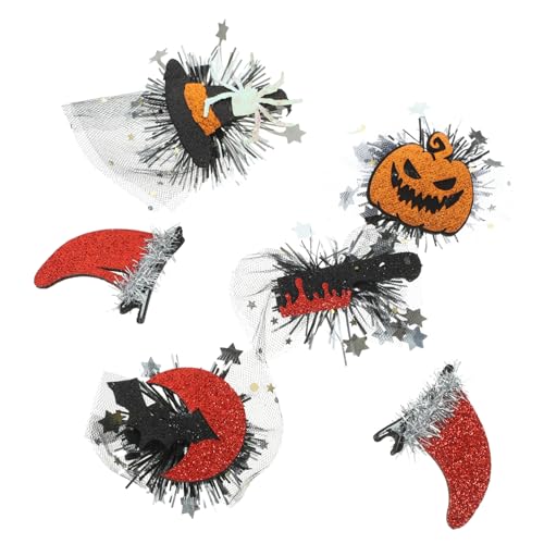 TOYANDONA 6 Stück Teiliges Halloween Haarklammern mit Roten Teufelshörnern Spinnen Hexenhut Kürbis Fledermaus und Blutmesser Motiven Leichte Party Haarspangen für Festdekoration von TOYANDONA