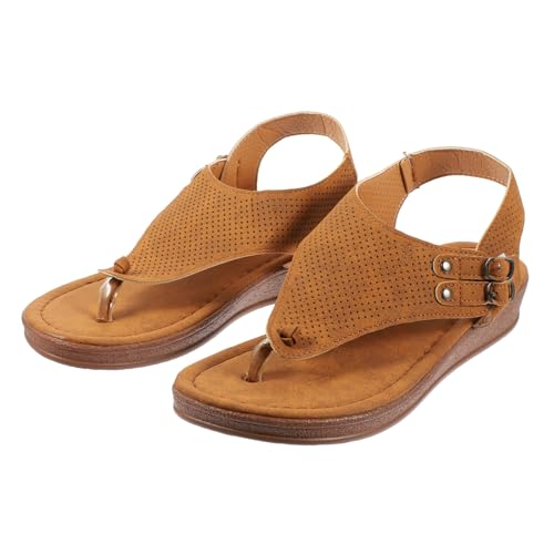 TOYANDONA Braune Damen Sandalen Sommer Flach Atmungsaktiv Weiche Sohle Zehentrenner Sandaletten für Alltag Strand Reise Urlaub von TOYANDONA