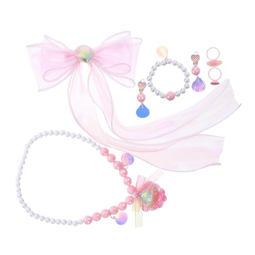 TOYANDONA Meerjungfrau Prinzessin Schmuck mit Schleifen Haarclips Muschel Halskette Perlen Armband Ohrclips und Ring Hautfreundlich Leicht Vielseitig für Geburtstag und Rollenspiele von TOYANDONA