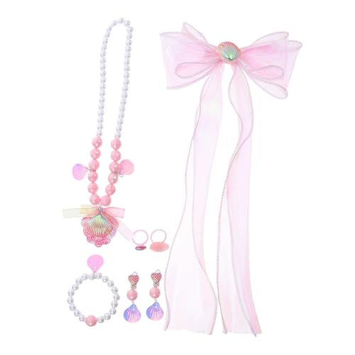 TOYANDONA Teiliges Schmuckset Mädchen Schleifen Haarschmuck Muschel Halskette Perlen Armband Ohrclips und Ring Prinzessin Meerjungfrau Motiv für Rollenspiele Party Feiern und Alltagskleidung von TOYANDONA