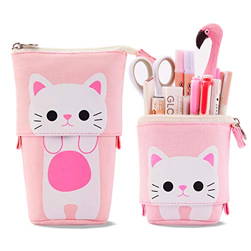 TOYESS Federmäppchen Mädchen, Süßer Katze 2-in-1 Pencil Case/Stifteköcher für Teenager Schülerin, Rosa von TOYESS