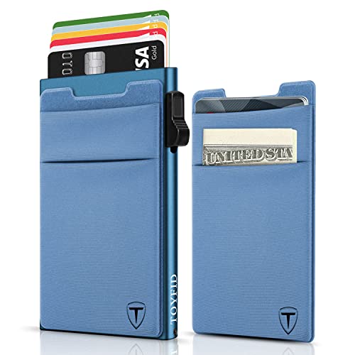 TOYFID Minimalistische Geldbörse mit Kompartiment Schmaler Kartenhalter für 6 Karten Bargeld RFID-blockierendes Metall Kartenetui für Männer,Extra selbstklebendes Münzfach für Telefon,Blau von TOYFID