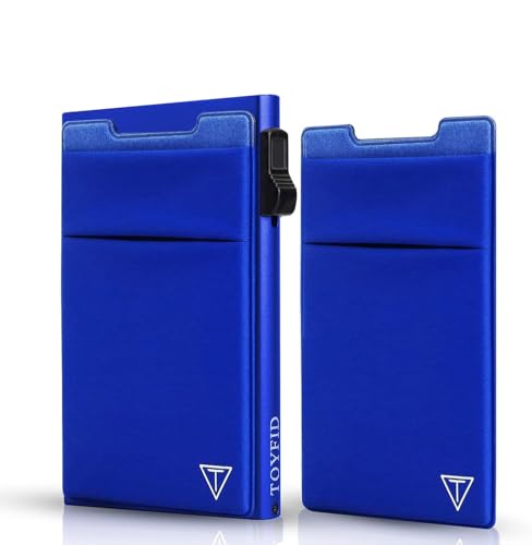 TOYFID Schlanke Herren Geldbörse mit Kompartiment Ultradünner Kartenhalter für 6 Karten Bargeld RFID-blockierendes Metall Kartenetui,Extra Selbstklebendes Münzfach für das Telefon, Blau von TOYFID