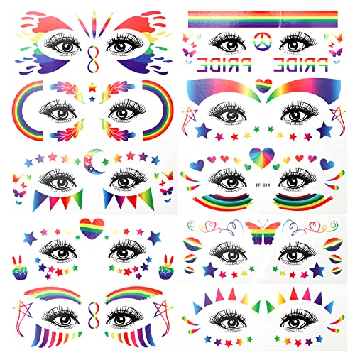 10 Blätter Temporäre Tattoos Regenbogen, Pride Tattoos Regenbogen Gesicht Tattoo Dekoration Augen, Schmetterling, Stern, Herz Tattoos für LGBT, Pride Festivals von TOYMIS