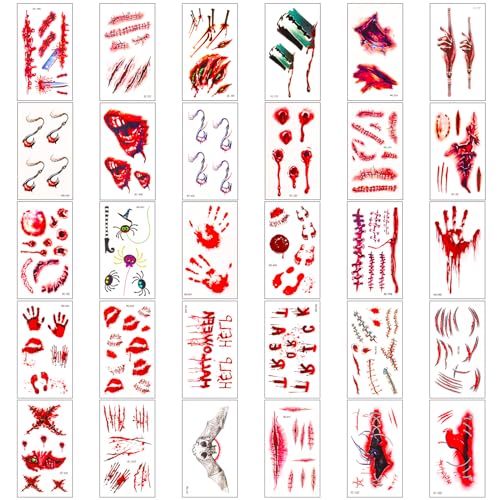 30 Blatt Halloween Tattoo Narben, 3D Narben Tattoo Temporäres Halloween Make-up Set Gruselige Gesichtswunde Temporäre Tattoos für Halloween, Cosplay, Party, Make up Requisiten von TOYMIS