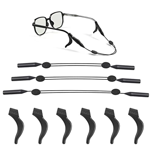 TOYMIS 3 Stück Silikon Brillenband mit 3 Paar Ohrhaken Verstellbare Brillenband Brillen Halterung Sonnenbrillenband Brillenband Sport für Kinder Erwachsene Herren Frauen (Schwarz, 3 Größen) von TOYMIS