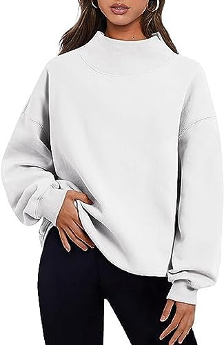 TOYOCC Damen-Sweatshirt,locker,lässig,halber Schildkrötenkragen, Fleece-Sweatshirt mit Rundhalsausschnitt,Schlitz-Ausschnitt, Sweatshirt Pullover,Sport-Top,lockere Passform,Lounge-Top (L, Weiß) von TOYOCC