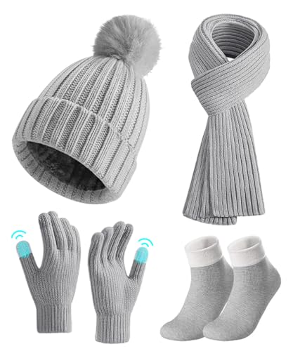 Schal Mütze Handschuhe Set Damen, 4pcs Gestrickt Mütze Schal Set mit Touchscreen Handschuhe Baumwoll Socken, Super Weiche Und Warme Beanie Ski Mütze Schal Geschenkset für Frauen Outdoor Sports von TOYTOPIE