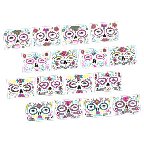 TOYZFRIENDY 16 Blatt Fluoreszierende Gesichtstattoos Halloween Party Zubehör Day Of The Dead Temporäre Neon Sticker für Fasching Maskerade Kostüm von TOYZFRIENDY