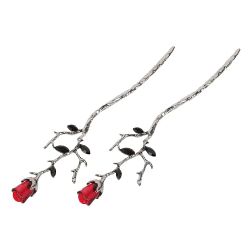 TOYZFRIENDY 2 Stück Chinesische Haarnadeln Rote Rosenblütenmotiv Stabile Haarschmuck Stäbchen für Duttfrisuren Schönes Dekoratives Haaraccessoire für Frauen und Besondere Anlässe von TOYZFRIENDY