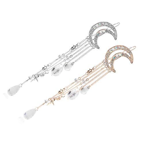 TOYZFRIENDY 2 Stück Rhinestone Haarnadeln mit Quaste Retro Mond Stern design Eleganter Haarschmuck für Damen und Mädchen Rutschfeste Dekorative Haarspangen Gold Silber von TOYZFRIENDY