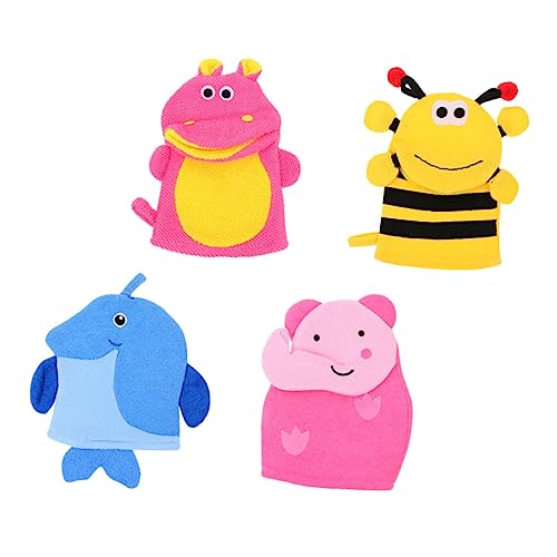 TOYZFRIENDY 4 Stück Waschhandschuhe Cartoon Tierform Weiche Sanfte Duschhandschuhe zum Peeling und Sanften Reinigen für Junge Mädchen und Kleinkinder Dual Purpose Bath Gloves für Empfindliche von TOYZFRIENDY