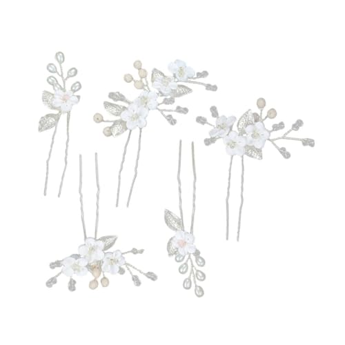 TOYZFRIENDY 5 Stück U förmige Haarnadeln mit Weißen Soft blumen und Silbernen Metallblättern Leichter Brautschmuck für Hochzeit Abschlussball Party und Festliche Frisuren von TOYZFRIENDY