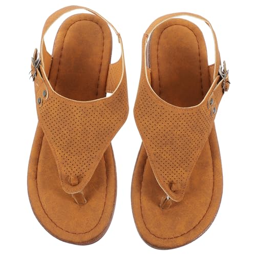 TOYZFRIENDY Flache Damen Sandalen Sommer Strandschuhe mit Clip Zehen Rutschfeste PU Sohle Leichte Sommer Slipper für Strand Urlaub Alltag Hellbraun von TOYZFRIENDY