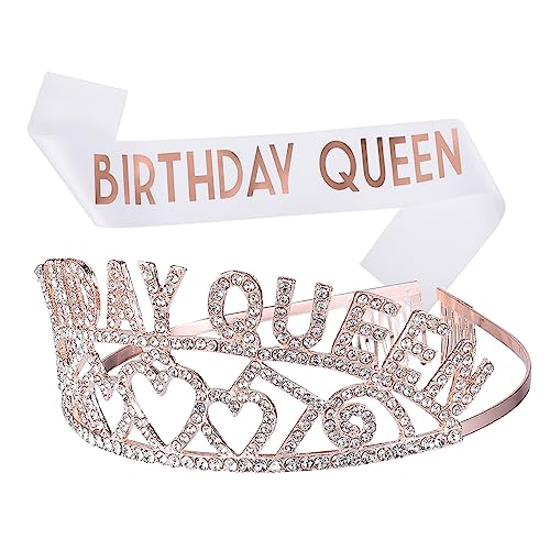 TOYZFRIENDY Geburtstagskrone und Schärpe Set für Mädchen Verstellbare Tiara mit Kamm Roségoldene Partydekoration Langlebiger Haarschmuck Sicheres Material Geschenkidee für Geburtstagspartys von TOYZFRIENDY