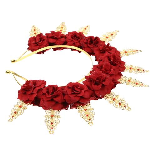 TOYZFRIENDY Krone Haarschmuck mit Roten Blumen Rundes Tiara Diadem für Frauen und Mädchen Leichtes Verstellbares Kopfband für Hochzeit Party und Festliche Anlässe von TOYZFRIENDY