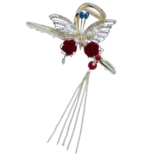 TOYZFRIENDY Roter Schmetterling Haarspange mit Perlen Quaste Starke Rutschfeste Styling Haarklammer für Frauen Vielseitiger Haarclip zum Festen Halten bei Hochzeit und Alltag von TOYZFRIENDY