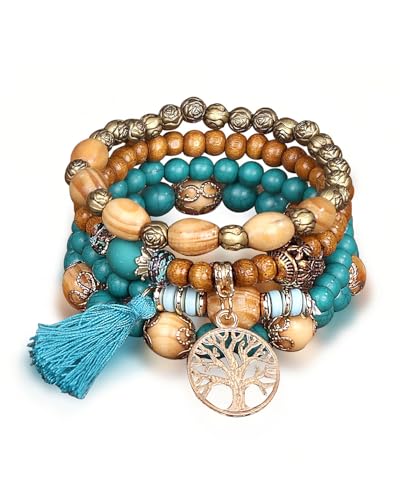 TOZBLEU 1 pcs Boho Armbänder Holzperlen Quaste Armband, Chakra Armband, Natürliches Kristall heilsteine armband, Frauen Baum des Lebens Charm Statement Armreifen von TOZBLEU