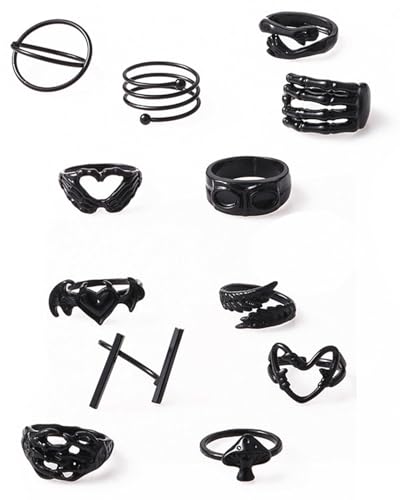TOZBLEU 12 Stück Vintage Punk Ringe Set für Männer Frauen,Schwarze Ringe Set Schlange Fledermaus Teufel Spinne Kralle Skul Stapelbare Boho Chunky Emo Fingerrings, Knuckle für Mädchen Frauen von TOZBLEU