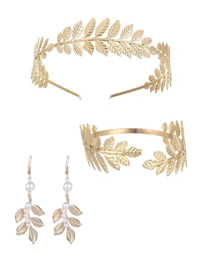 TOZBLEU 3 pcs Diademe für Damen,Griechische Göttin Blatt Stirnband Für Die Braut, Perlengold-Blatt-Ohrringe,Blatt-Armbänder,Krone Braut Kopfschmuck Hochzeit Haarband,Tiara Kostüm Haarschmuck von TOZBLEU