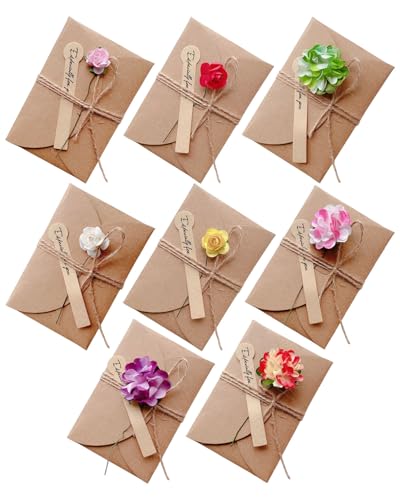 TOZBLEU 8 Stück Grußkarte Set,Getrocknete Blumen Grußkarten mit Kraftumschlag,8 verschiedene Arten von Blumen,Retro-Kraftpapier für Grußkarten,Handgefertigte Grußkarten,Dankskarten(105 * 70mm) von TOZBLEU