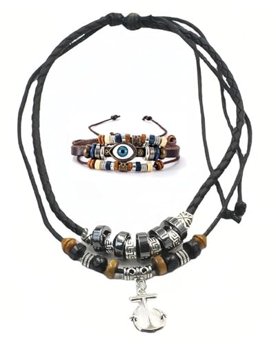 TOZBLEU Boho Schmuck Set - 2 pcs Kette Anker-Halskette Lederkette Indianer Schmuck Böhmischer Langer Vintage Hippie Halsreif Kette Baumelnde Perlen Schmuckset Der Lederkette Für Frauen von TOZBLEU