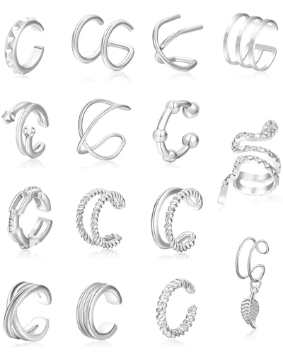 TOZBLEU Ear Cuff Set für Damen,15 Pcs Ear Cuff Set Damen Einstellbar Ohrclips Damen Ohne Ohrlöcher Knorpel Ohrmanschette Ohne Ohrloch Fake Piercing Ohrringe Earcuffs Set Ohrschmuck Ohrklemme,Silber von TOZBLEU