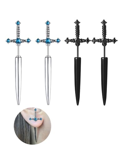 TOZBLEU Dolch-Ohrringe, 2 Paar Vintage-Ohrstecker, Edelstahl Gothic Punk, Langes Schwert, Kreuz, Dolch, Schraube, Ohrring, Helix, Tragus, Piercings für Männer und Frauen von TOZBLEU