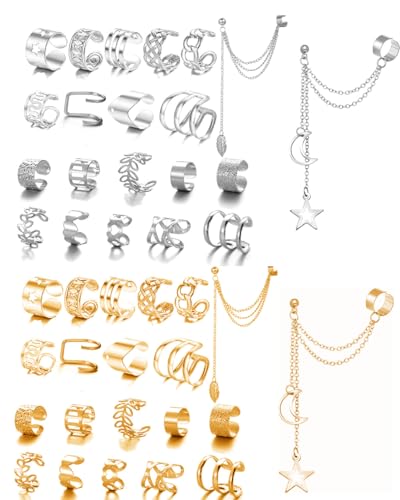 TOZBLEU Ohrringe Set,64 pcs Ear Cuff Set für Damen Herren Gold Silber Ohrclips Ohne Ohrloch Fake Ohrringe Helix Knorpel Wrap Cuff Ohrringe Ear Cuff Clip,Einstellbar Schlange Schmetterling Ohr Cuffs von TOZBLEU