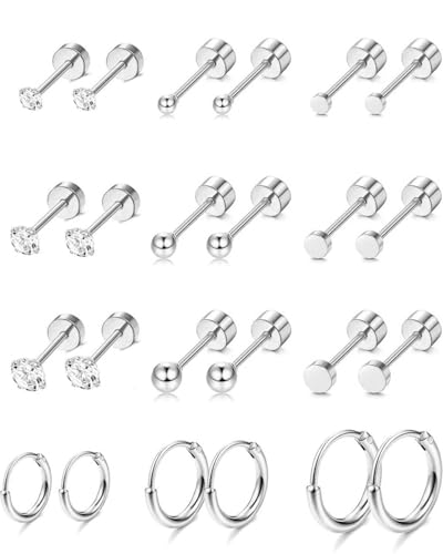 TOZBLEU Ohrringe set,12 Paar Winzige Ohrstecker Ohrreifen,Titan Ohrstecker Hypoallergen für Damen Herren Mädchen,Ohrringsets für mehrere Piercings Flache Rückseite Ohrringe Knorpel Kleine Creolen von TOZBLEU