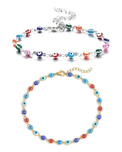 TOZBLEU fußkettchen für damen - 2 pcs Beach Bunte Perlen Fußkettchen Silber Knöchel Armbänder Perlen Sommer Strand Fuß Schmuck Einstellbar für Frauen und Mädchen von TOZBLEU