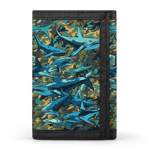 TPDHJK Schlanke Herren-Geldbörse mit Camouflage-Haifischmuster, dreifach gefaltete Geldbörse, Polyester, minimalistische Mini-Geldbörse, geeignet für Arbeit, Reisen und den täglichen Gebrauch, von TPDHJK