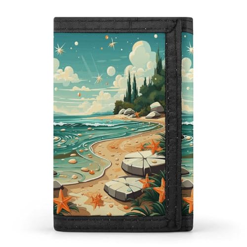TPDHJK Schlanke Herren-Geldbörse mit Cartoon-Strand-Hintergrund, dreifach gefaltete Geldbörse, Polyester, minimalistische Mini-Geldbörse, geeignet für Arbeit, Reisen und den täglichen Gebrauch, von TPDHJK