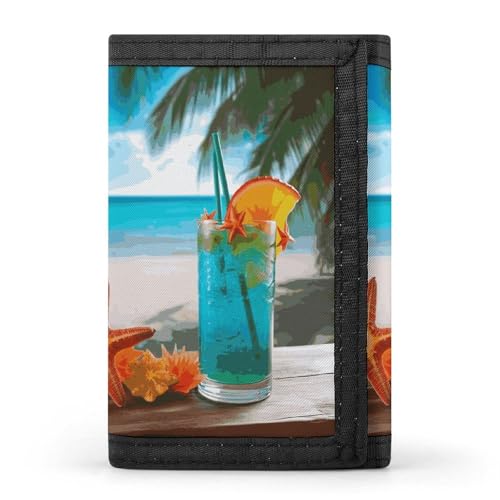 TPDHJK Schlanke Herren-Geldbörse mit tropischem Cocktail mit Seestern-Druck, dreifach gefaltete Geldbörse, Polyester, minimalistische Mini-Geldbörse, geeignet für Arbeit, Reisen und den täglichen von TPDHJK