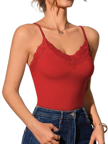 Damen Camisole Tank Top Unterhemd Verstellbare Spaghettiträger V-Ausschnitt Spitze Dehnbare Camisole, Rote Spitze Camisole, X-Groß von TPROTOK