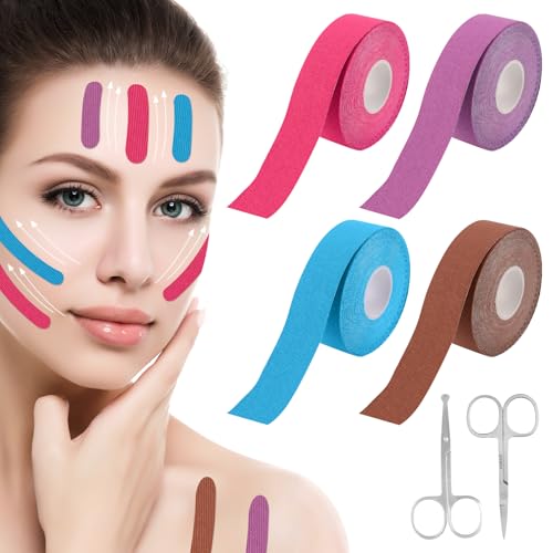 TPTGIAR 4 Stück Face Lifting Tape, Anti Wrinkle Patch, 2.5cm×5m Face Tape, Zuschneidbare Falten Pflaster Gesicht, Anti Wrinkle Patches mit Kleinen Scheren für Straffung der Haut von TPTGIAR