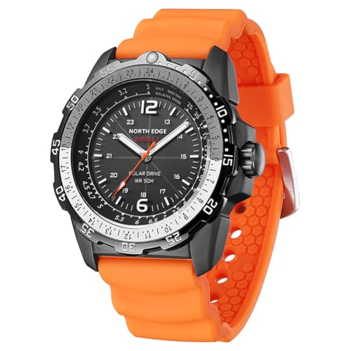 TPWEWRX Solarbetriebene Herrenuhr 50M Wasserdicht Business Quarz-Uhren Outdoor Sport Solar-Armbanduhr mit Geschwindigkeitsberechnung Wecker Stoppuhr Hintergrundbeleuchtung (Orange) von TPWEWRX