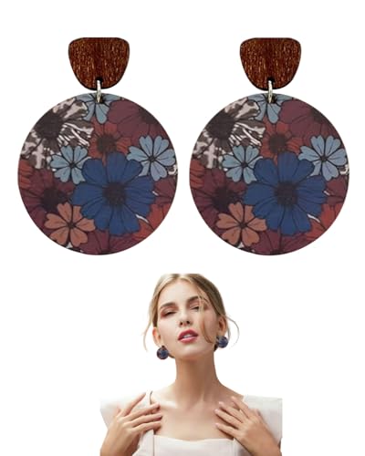 TPZORJX 1 Paar Boho-Ohrhänger, Vintage-Ohrringe aus Böhmischem Holz Ethnischer Runder Kreis-Reif Leichte Schicke Statement-Ohrhänger für Frauen Schmuckgeschenke, Ölgemälde Blumen, Renaissance-Stil von TPZORJX