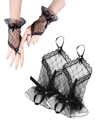 TPZORJX 1 Paar Damen Fingerlose Handschuhe - Schwarze Spitzen Handschuhe mit Schleife Netzhandschuhe Kurze Fingerlose Gloves Damen Mädchen Hochzeit Party Tea Party Zubehör von TPZORJX