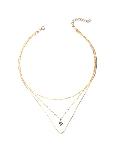 TPZORJX 1 Stück Boho Geschichtet Kristall Halskette - Quadratisch Solitär Anhänger Halskette Mini Strass Halskette Mehrschichtige Kugel Kette Halskette Schmuck Für Frauen Und Mädchen(Gold) von TPZORJX