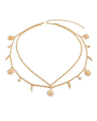 TPZORJX 1 Stück Doppelschichtiger Damen Metallkettengürtel- Mondstern verstellbare Taillenkette verzierter Metallgliedergürtel dünne Bundkette für Kleider(Gold) von TPZORJX