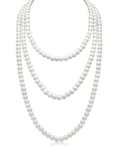 TPZORJX 1 Stück Perlenkette 150 Cm, Perlenkette Damen, Perlenkette Lang,1920S Gatsby Kostüm Accessoires Lange Perle Halskette,Dame Weiße Elegante Künstliche Perlen-Halsketten - Weiß von TPZORJX