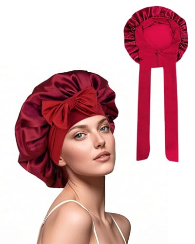 TPZORJX 1 Stück chlafmütze Satin,Nacht Schlaf Mütze,Weiche Kopfhaube Schlafhaube Seide,Verstellbar Damen Herrn Motorhauben,Schlafhaube Seide,Hair Bonnet,mit Gummizug - Rot von TPZORJX