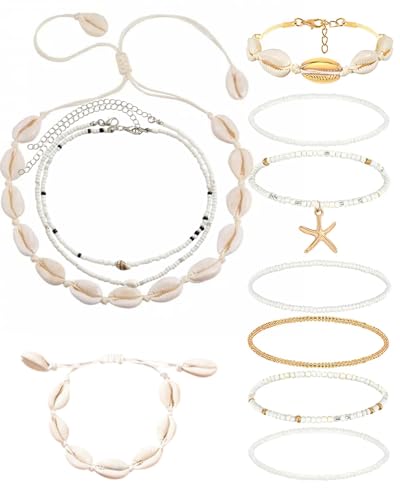 TPZORJX 11Pcs Muschelkette Damen, Muschel Halskette Armband Set mit Boho Schmuck, Damen Böhmischer Stil Perlenarmband Set Fußkette Muschel Dekor Boho Schmuck Damen Kette Muschel von TPZORJX