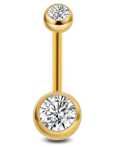 TPZORJX 14G Bauchnabelpiercing Titan Gold 10mm 12mm 14mm 16mm Stablänge Piercing Bauchnabel Lang CZ Kugeln Titanium Belly Button Piercing Navel Bars 1.6mm Nabelring Frau Mann Geschenk Schmuck von TPZORJX