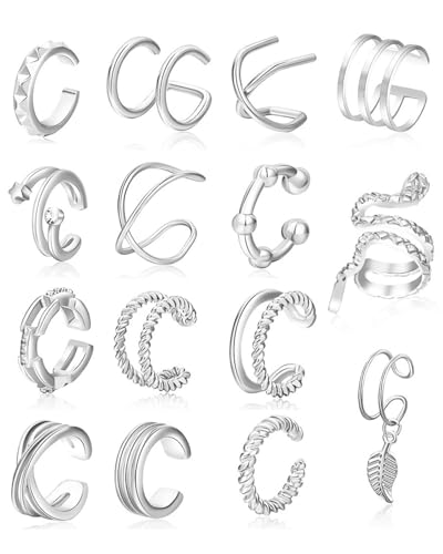 TPZORJX 15Pcs Ear Cuff Set Damen Silber Einstellbar Ohrclips Damen Ohne Ohrlöcher Knorpel Ohrmanschette Ohne Ohrloch Fake Piercing Ohrringe Earcuffs Set Ohrschmuck Ohrklemme Silber von TPZORJX